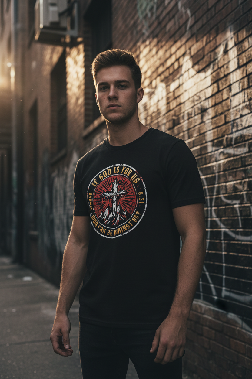 Young man wearing Zero FG "If God Is For Us" black Christian graphic t-shirt in urban alley setting with dramatic lighting