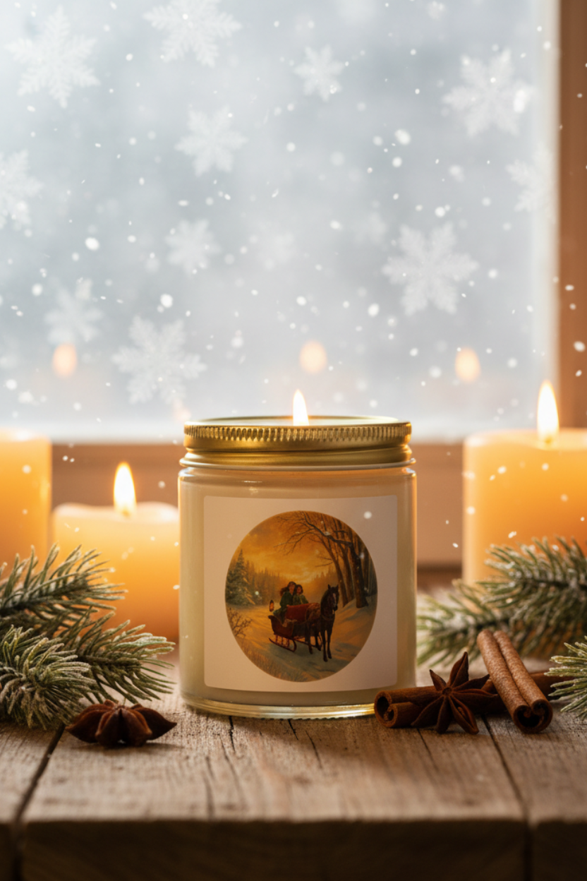 Winter Sleigh Candle in amber glass jar with gold lid on a snowy windowsill with pine, cinnamon sticks, and star anise | zerofgstore.com"