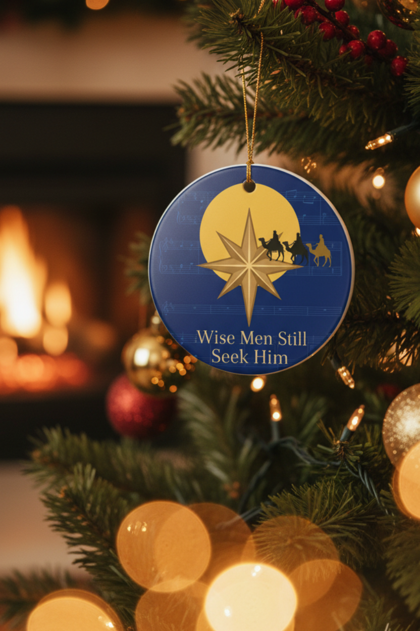 Navy blue ceramic Christmas ornament with gold Star of Bethlehem and three wise men silhouette hanging on a decorated Christmas tree with warm glowing fairy lights and fireplace in background