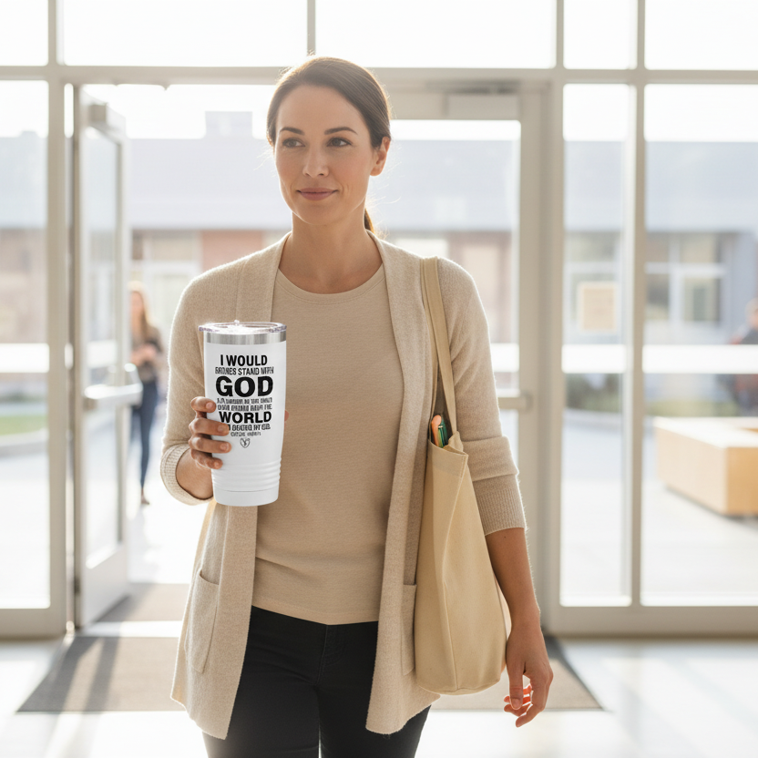 Woman carrying the Stand With God travel mug into a bright workplace