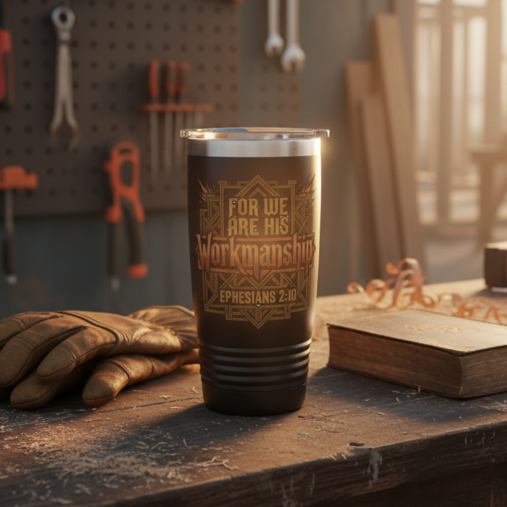 Black 20oz "For We Are His Workmanship — Ephesians 2:10" ringneck tumbler on a worn wooden workbench in a woodworking shop, leather work gloves and a worn Bible beside it, golden sunlight streaming through a window, tools hanging on the wall in the background.