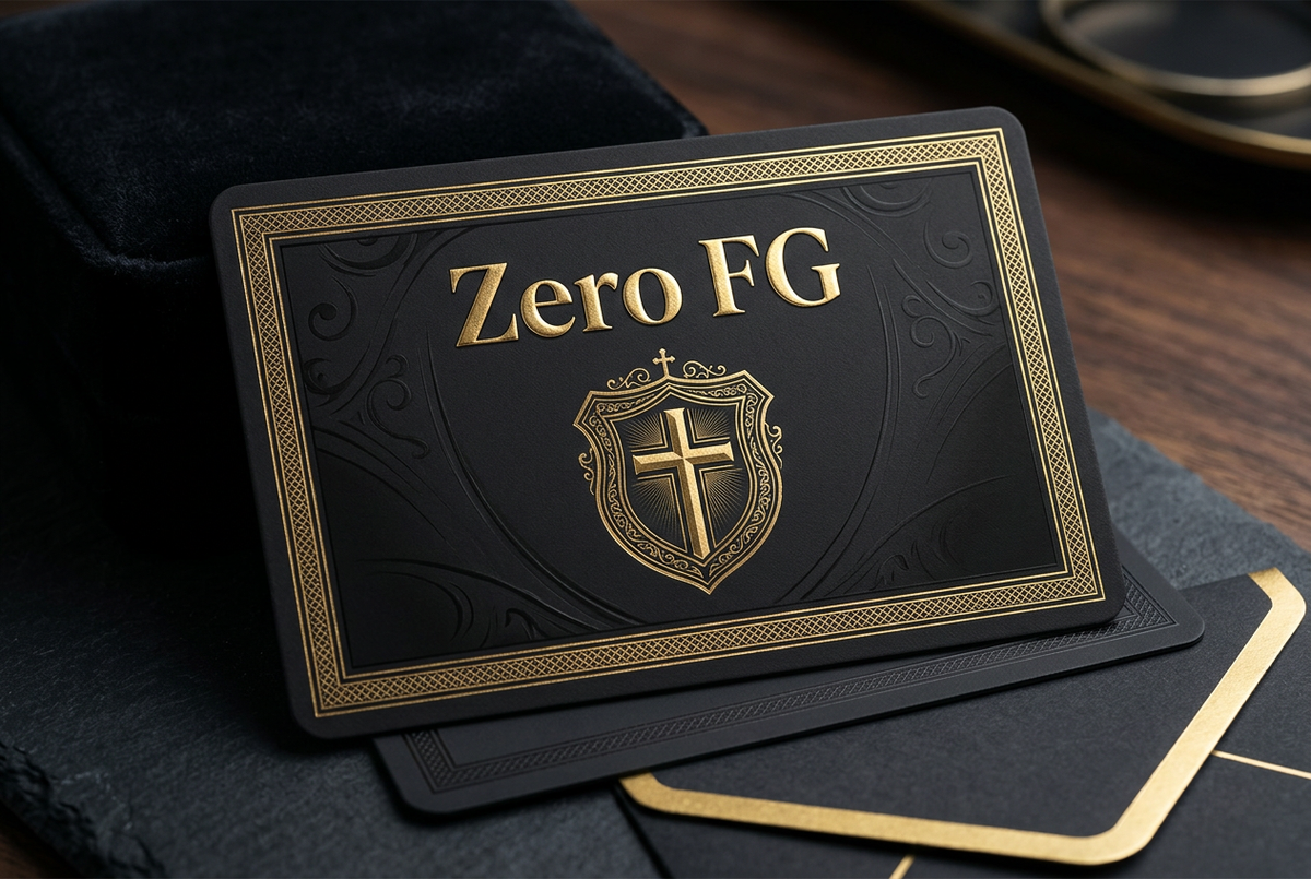 Zero FG gift card artwork featuring gold lettering, an ornate gold border, and a cross-and-shield emblem on a black card.